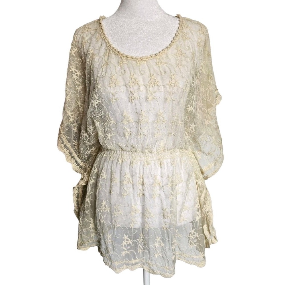 Cato Boho Cream Lace Blouse Sheer Embroidered Peasant Top Flowy Cottagecore Sz L